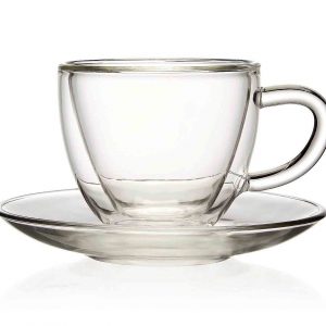 DOUBLE WALLED GLASS TEACUP & SAUCER